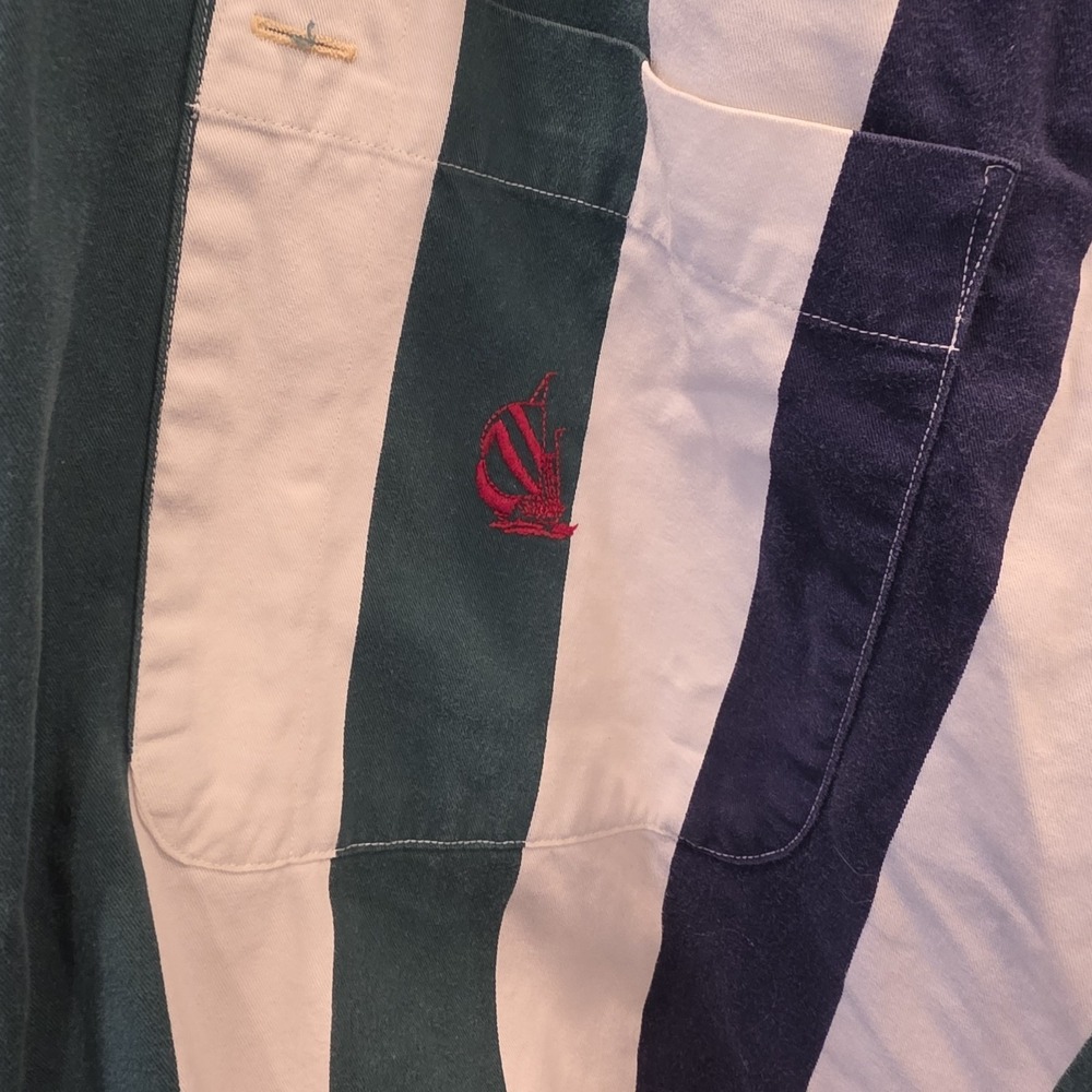 Vintage Nautica 12M 95 SailSports Striped Button Down Shirt Green Navy 100%... - Picture 2 of 4